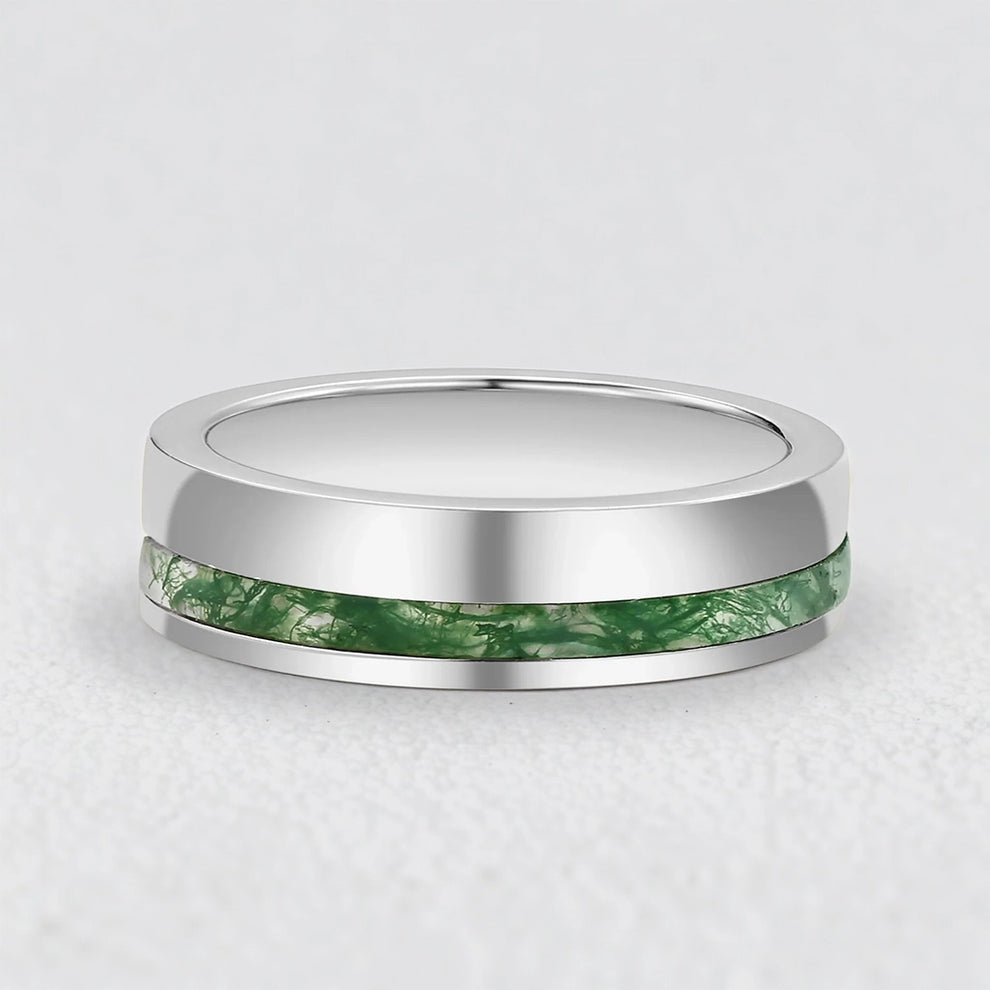 Silas’s Core | Moss Agate Minimalist Inlay Men’s Wedding Band.
