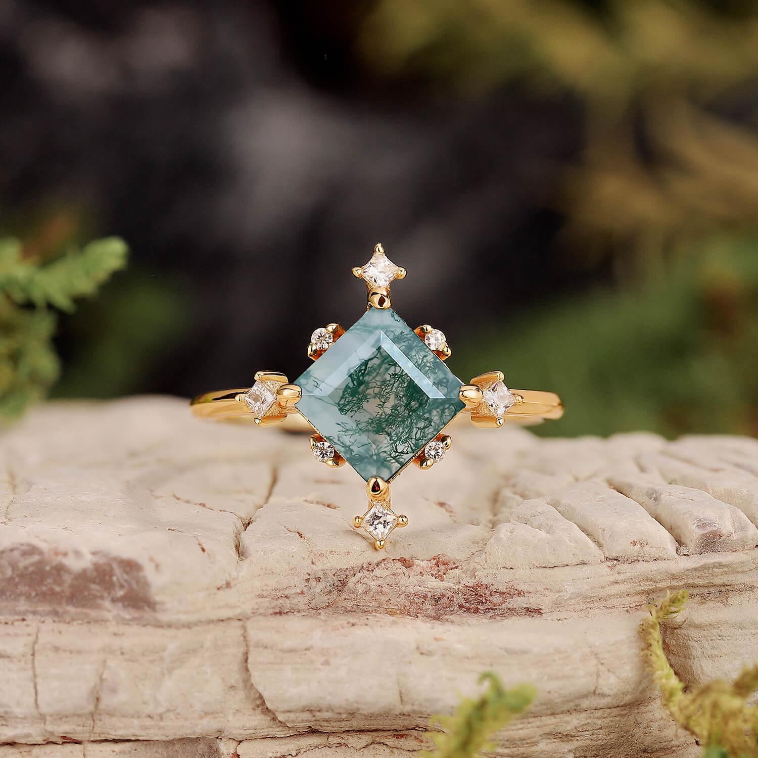 Nature Inspired Square Cut Moss Agate Promise Ring.