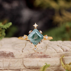 Nature Inspired Square Cut Moss Agate Promise Ring.