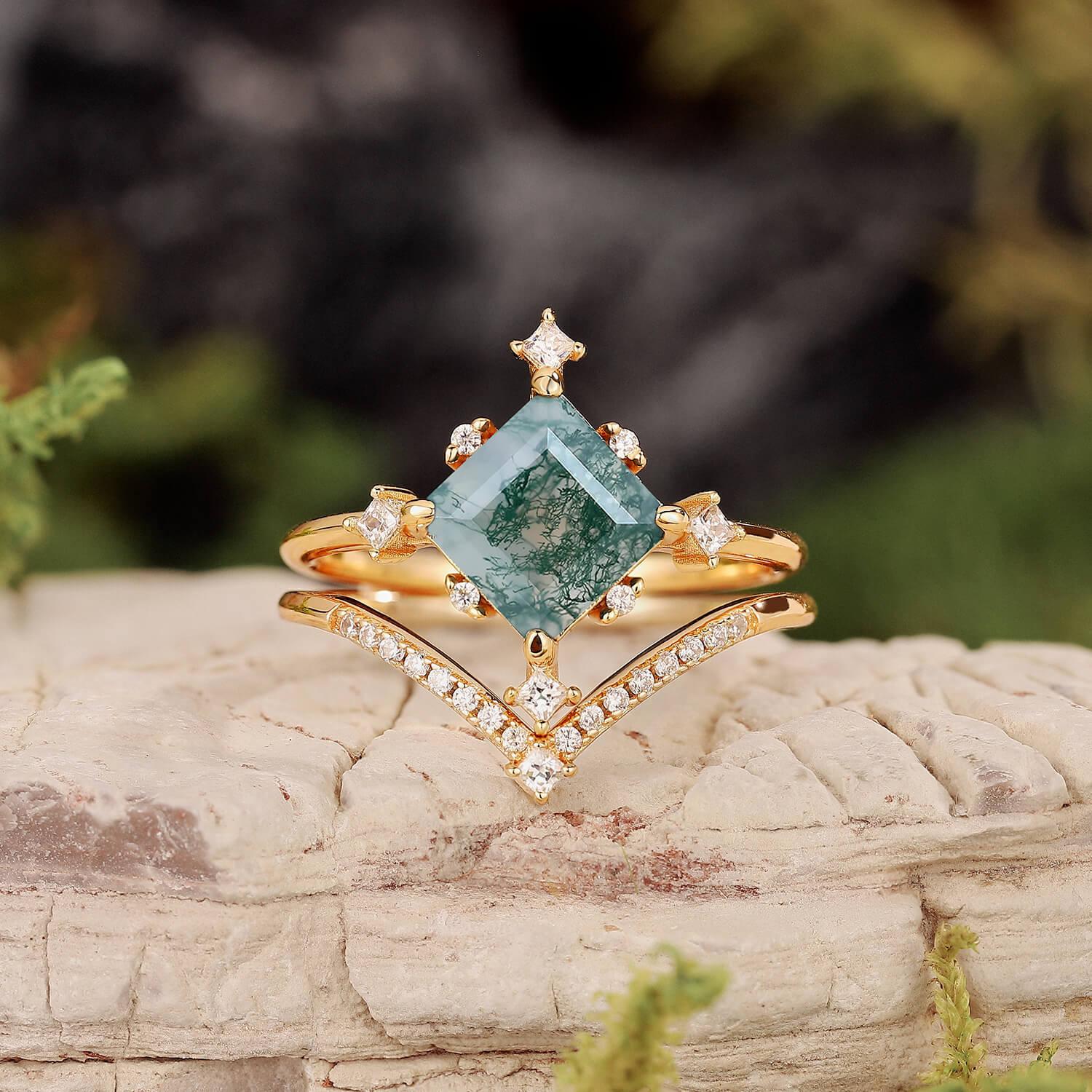 Nature Inspired Square Cut Moss Agate Promise Ring Set.