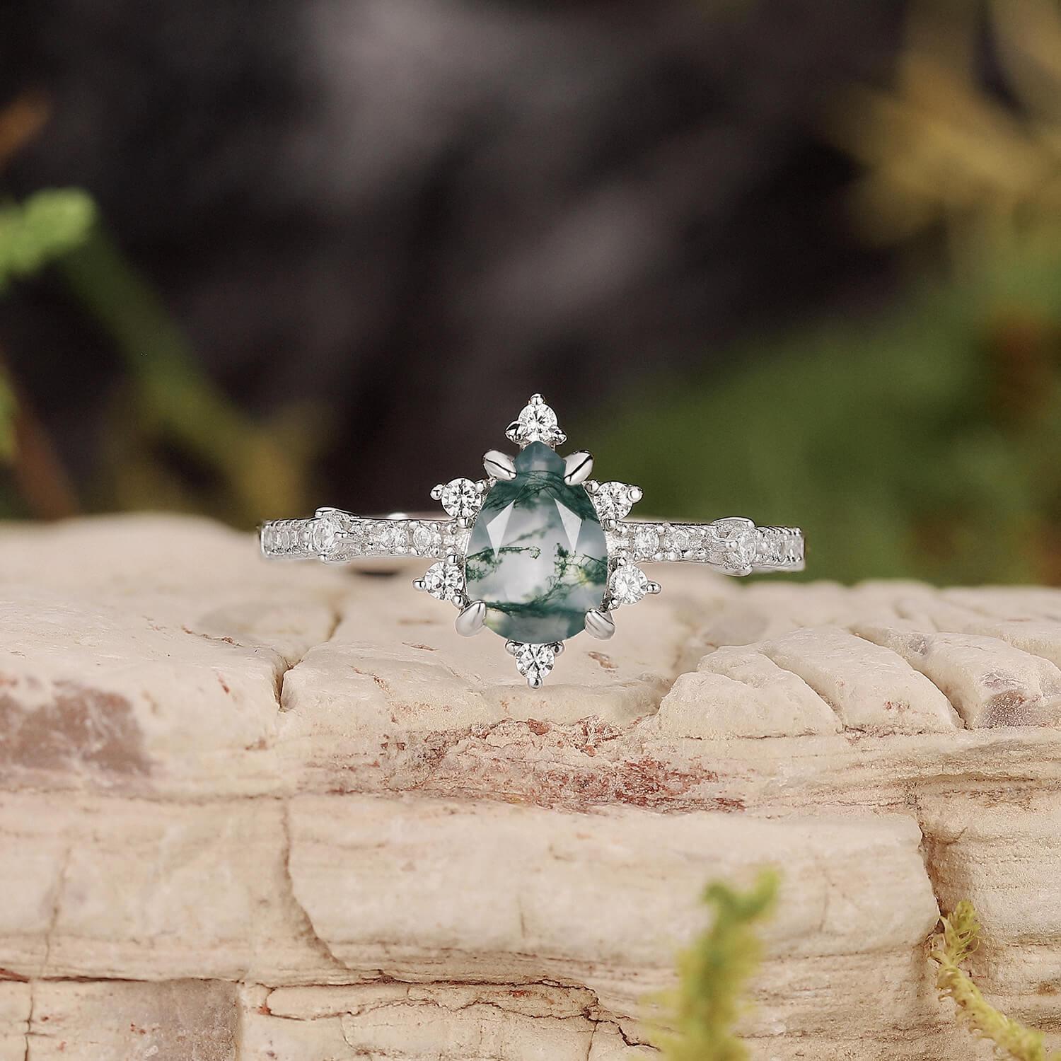Unique Pear Cut Moss Agate Cluster Engagement Ring.