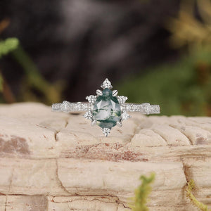 Unique Pear Cut Moss Agate Cluster Engagement Ring.