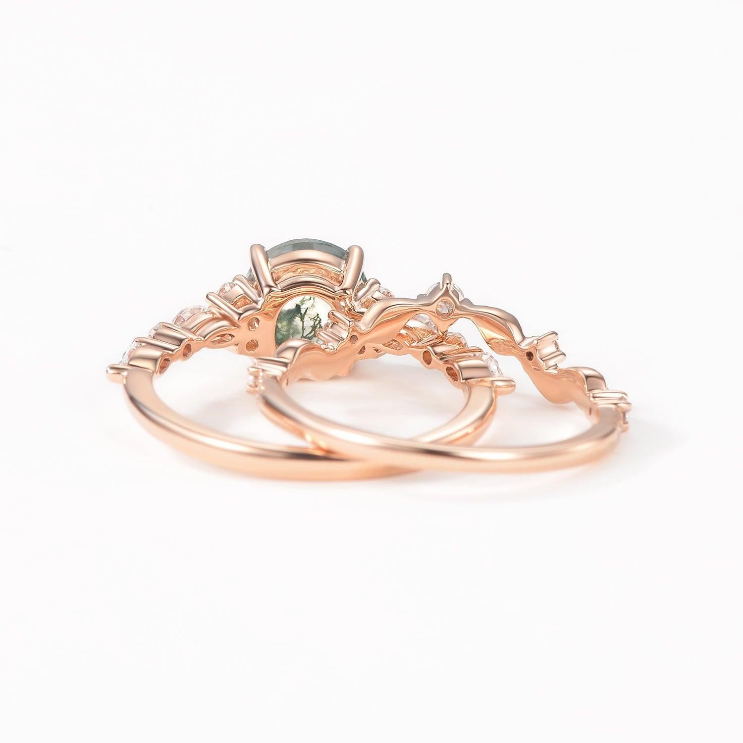 Sarah Round Shaped Leafy Moss Agate Engagement Ring Sets.