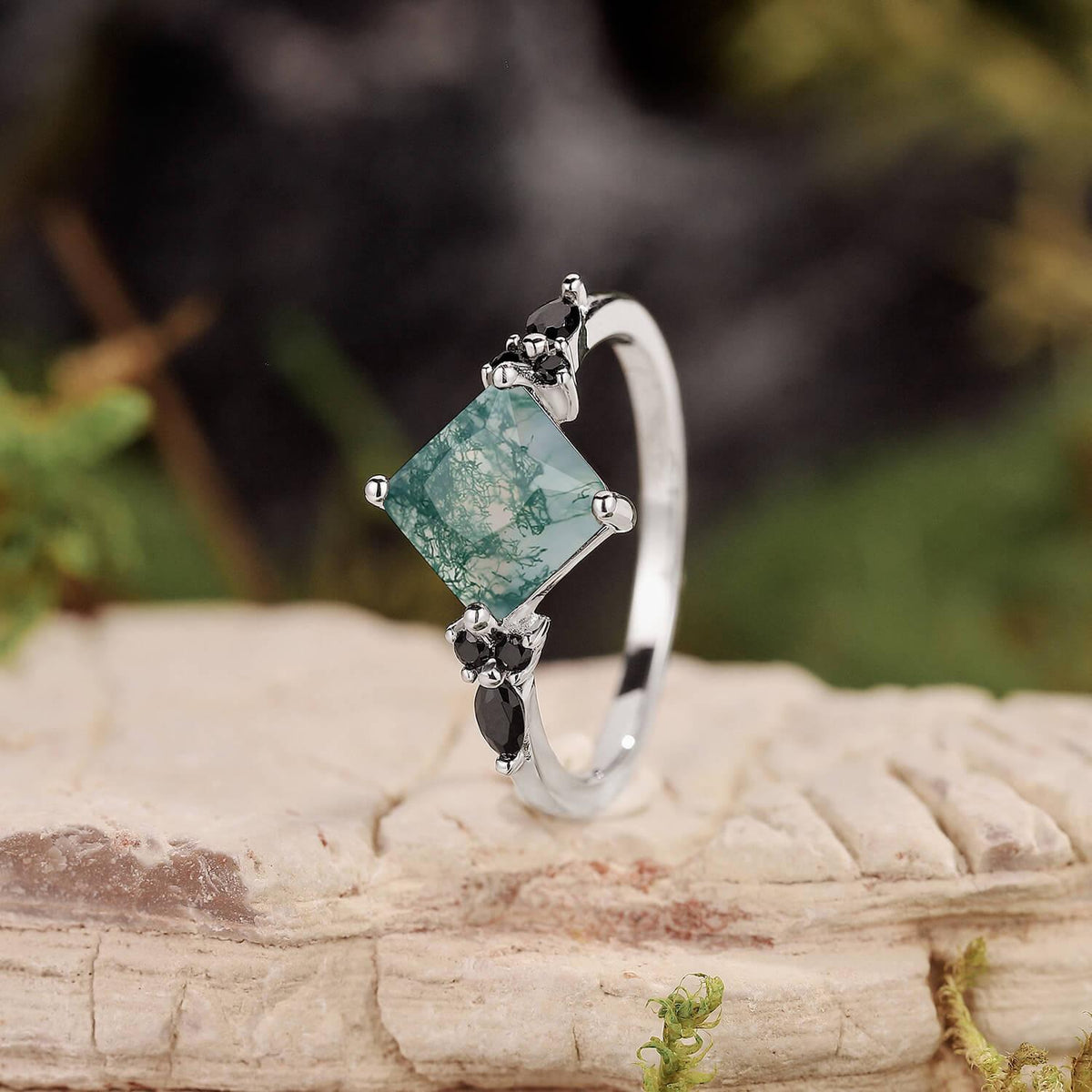 Nature Inspired Square Cut Moss Agate Leaf and Vine Promise Ring.
