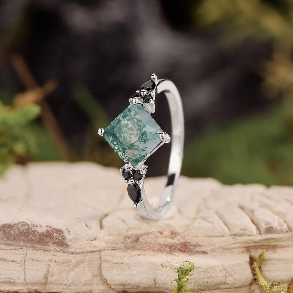 Nature Inspired Square Cut Moss Agate Leaf and Vine Promise Ring.