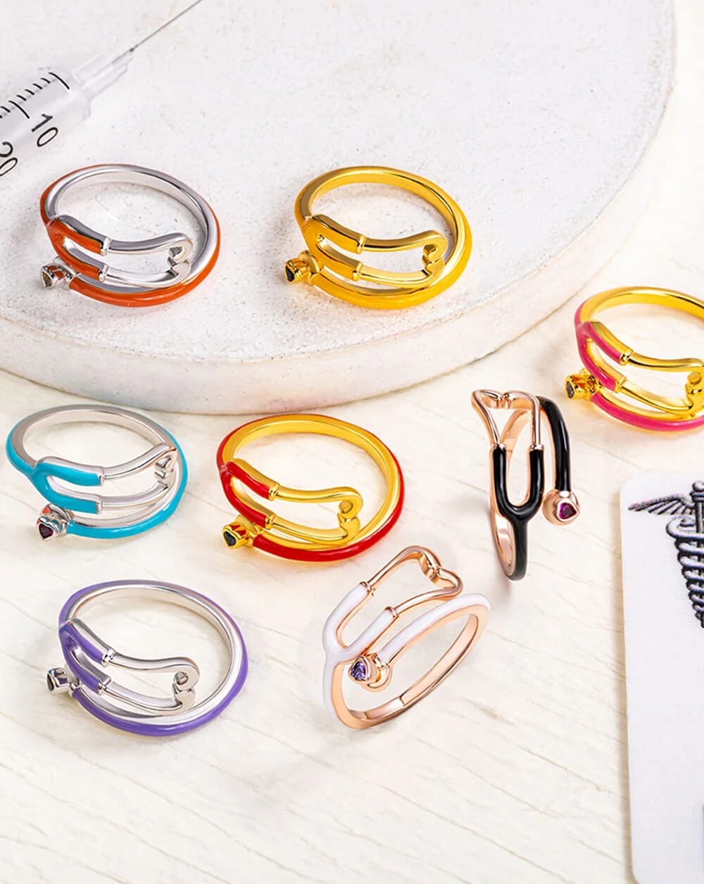 Custom Multicolor Enamel Stethoscope Birthstone Ring – Nurse & Doctor Appreciation Gift