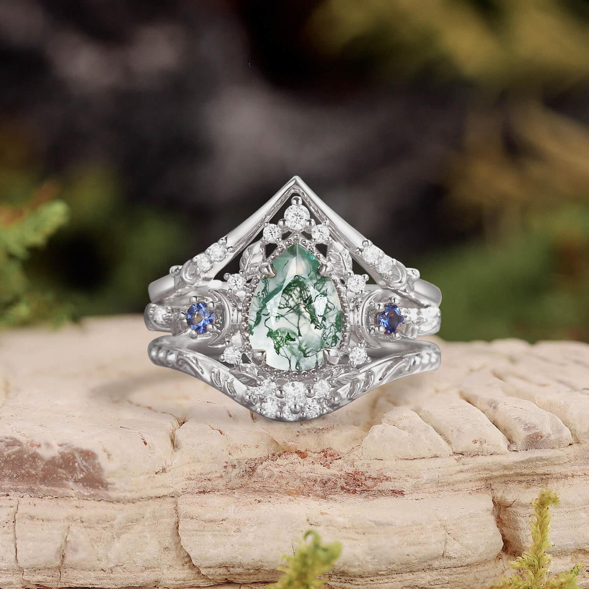 Unique Moonlight Moss Agate Pear Cut Vine Leaf Ring Bridal Sets 2pcs.