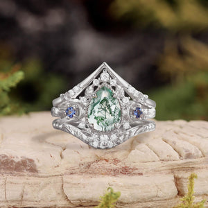 Unique Moonlight Moss Agate Pear Cut Vine Leaf Ring Bridal Sets 2pcs.