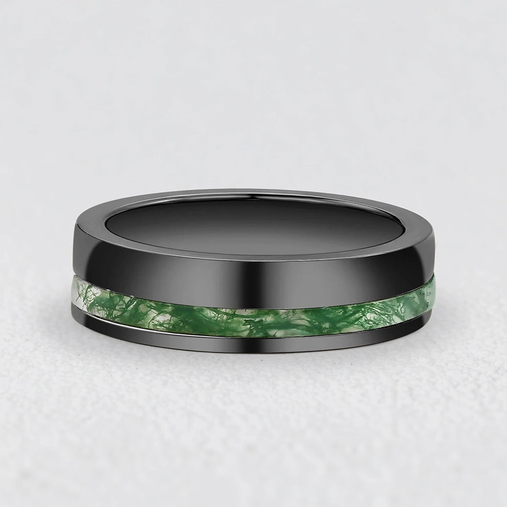 Silas’s Core | Moss Agate Minimalist Inlay Men’s Wedding Band.