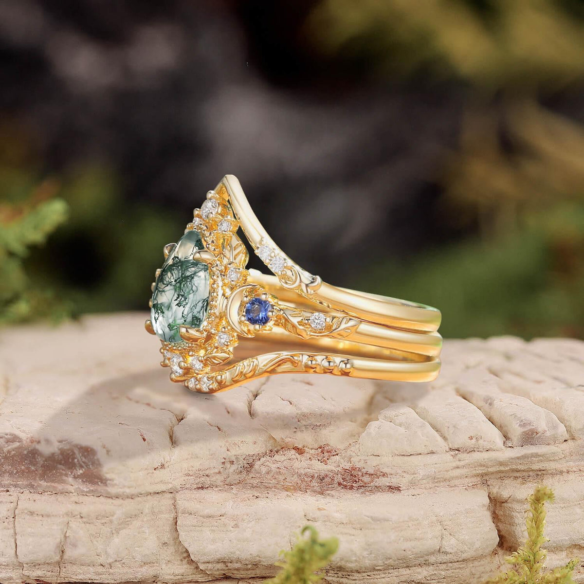 Unique Moonlight Moss Agate Pear Cut Vine Leaf Ring Bridal Sets 2pcs.