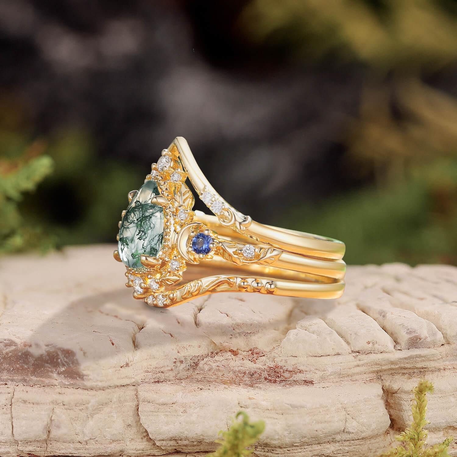 Unique Moonlight Moss Agate Pear Cut Vine Leaf Ring Bridal Sets 2pcs.