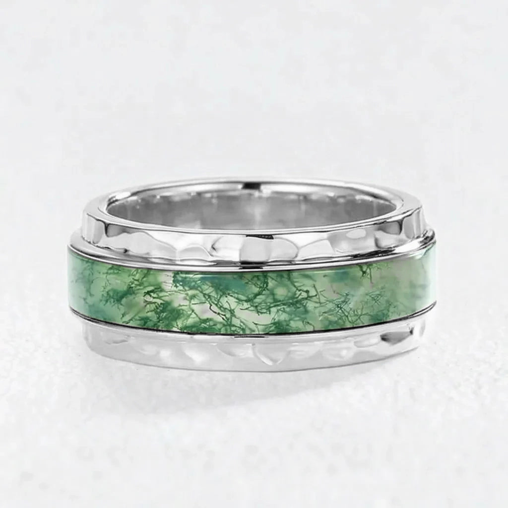 Vidar’s Forge | 8MM Hammered Moss Agate Inlay Men's Wedding Band.