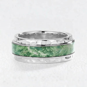 Bold Hammered Sterling Silver Moss Agate Statement Band Ring