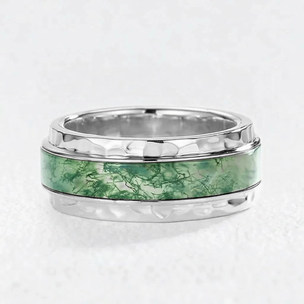 Vidar’s Forge | 8MM Hammered Moss Agate Inlay Men's Wedding Band.
