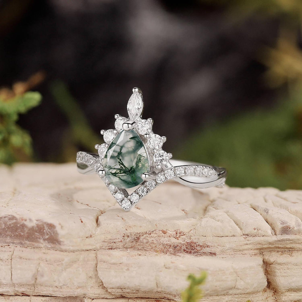 Pear Stack Moss Agate Leaf Engagement Ring Set.