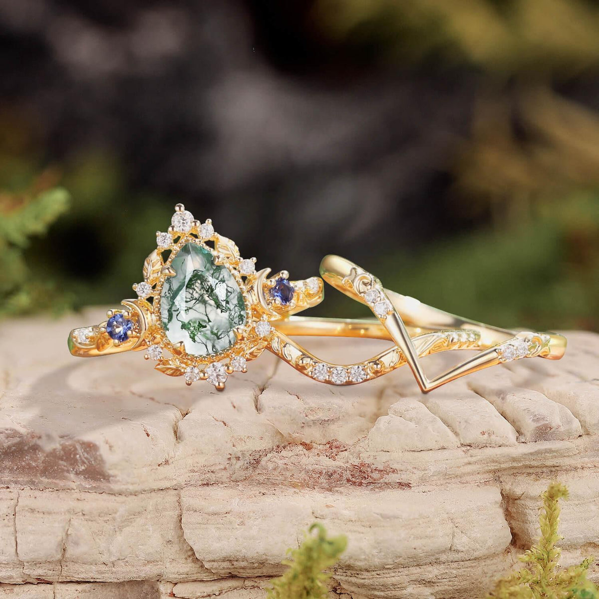 Unique Moonlight Moss Agate Pear Cut Vine Leaf Ring Bridal Sets 2pcs.