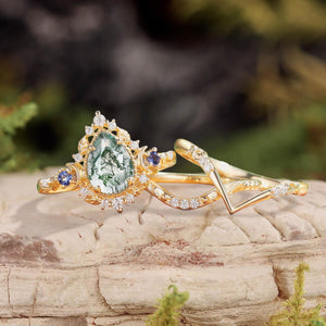 Unique Moonlight Moss Agate Pear Cut Vine Leaf Ring Bridal Sets 2pcs.