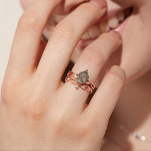 Autumn Pear Shaped Moss Agate Bridal Ring Set 2pcs.