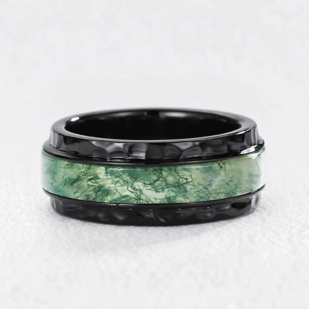 Vidar’s Forge | 8MM Hammered Moss Agate Inlay Men's Wedding Band.
