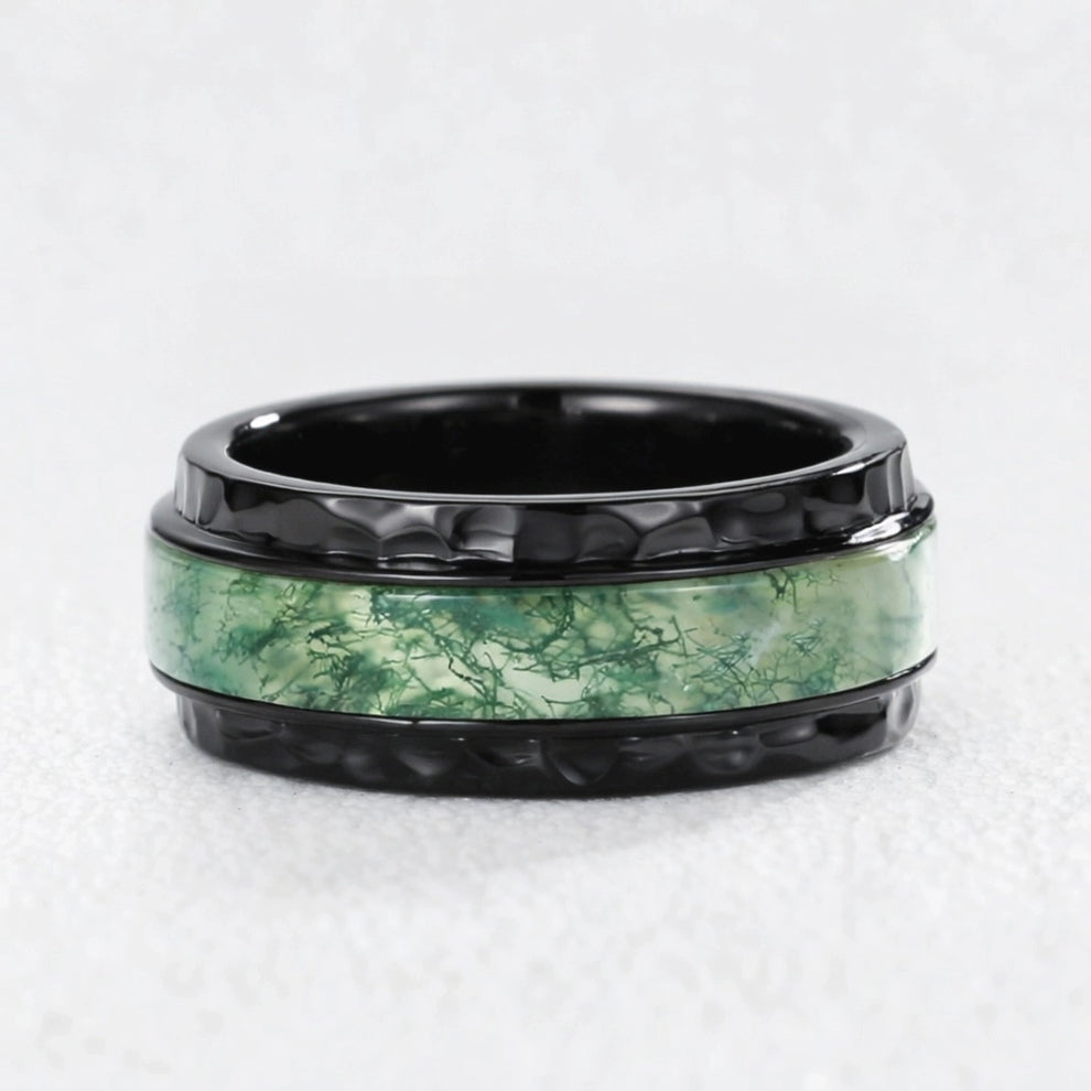 Vidar’s Forge | 8MM Hammered Moss Agate Inlay Men's Wedding Band.