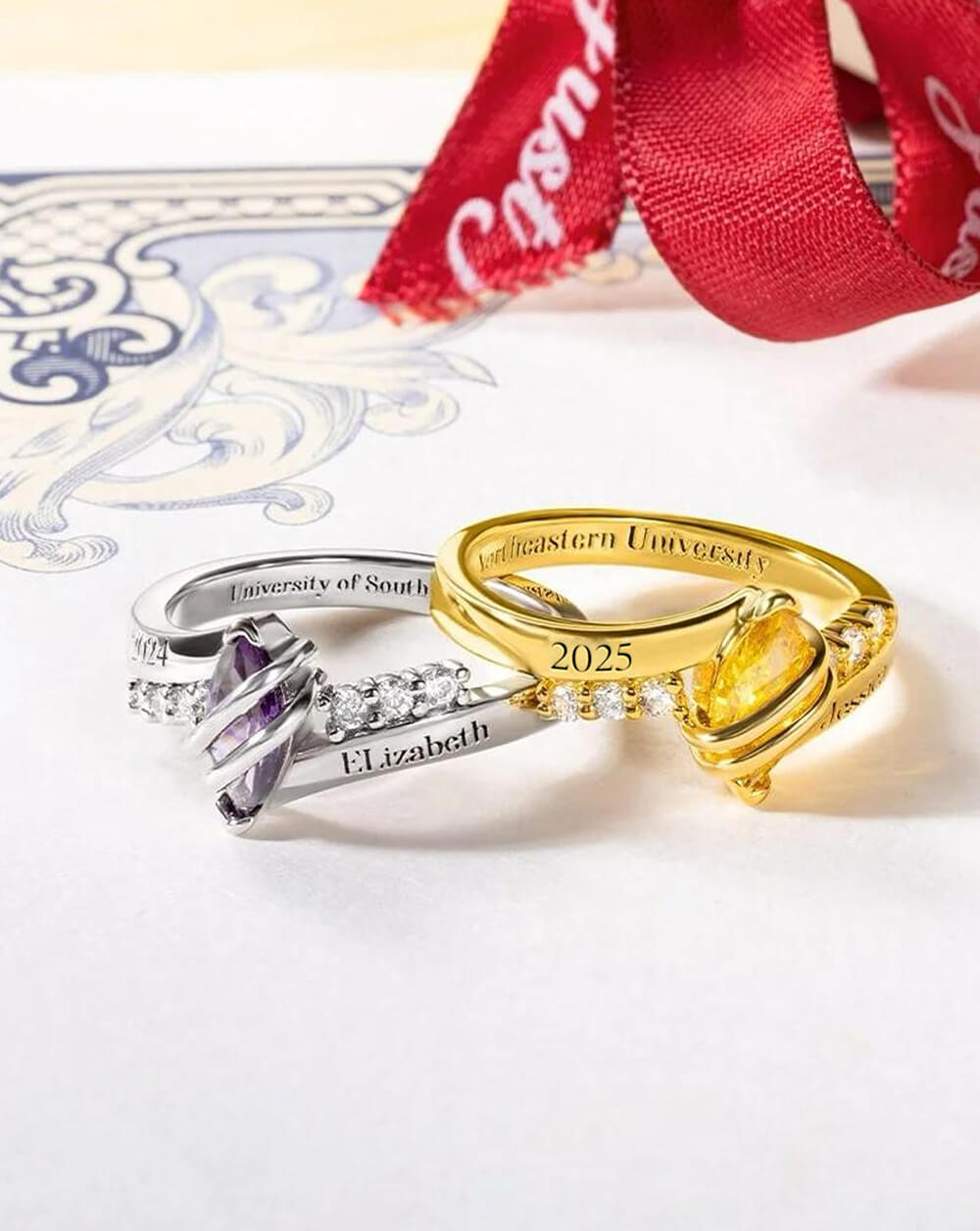 Custom Graduation Ring with Birthstone & Name – Personalized Class Ring for Her