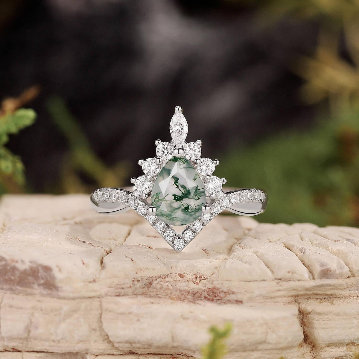 Pear Stack Moss Agate Leaf Engagement Ring Set.