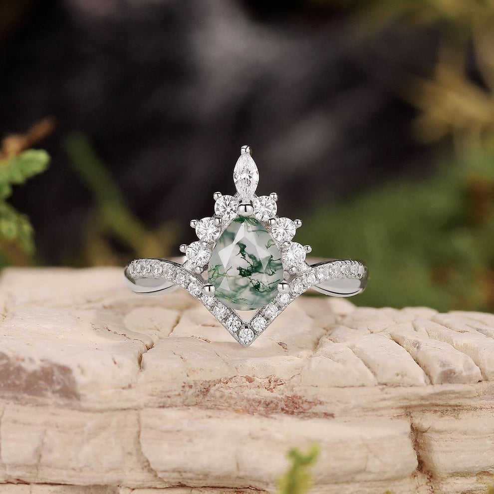 Pear Stack Moss Agate Leaf Engagement Ring Set.