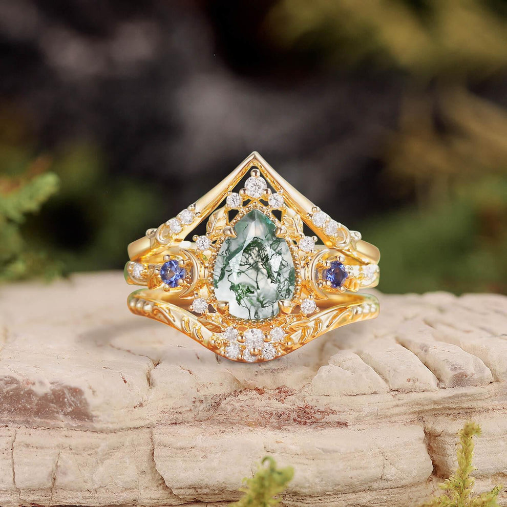 Unique Moonlight Moss Agate Pear Cut Vine Leaf Ring Bridal Sets 2pcs.