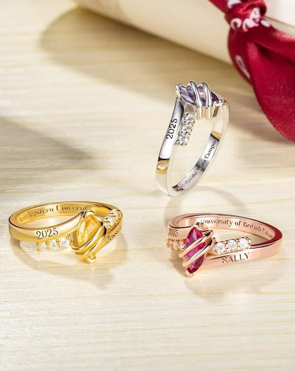 Custom Graduation Ring with Birthstone & Name – Personalized Class Ring for Her