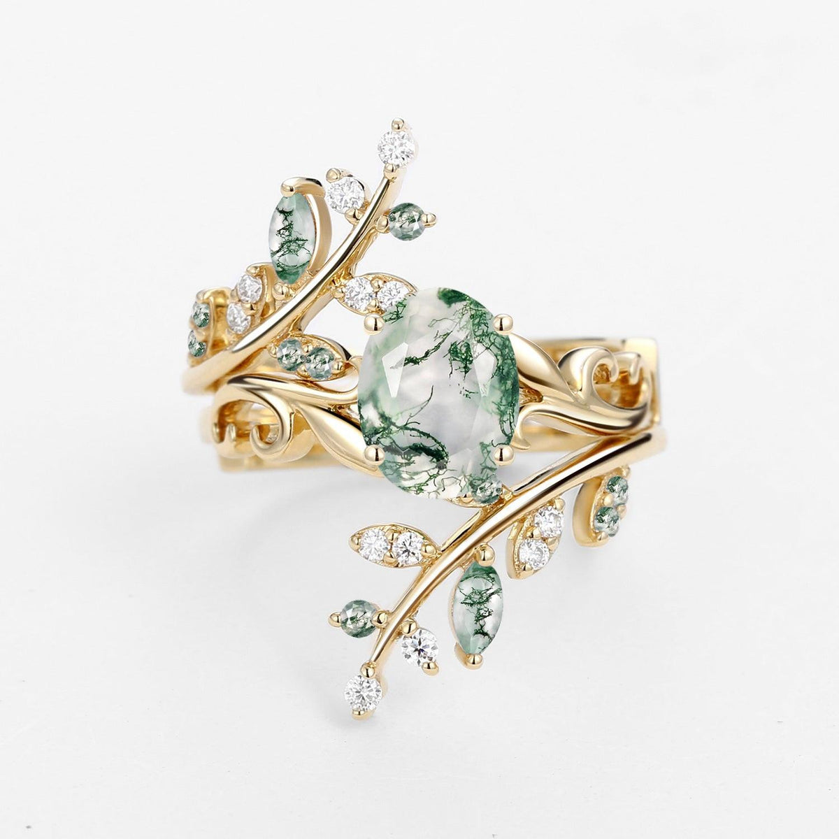 Talasi Oval Shaped Moss Agate Engagement Ring Sets 2PCS.