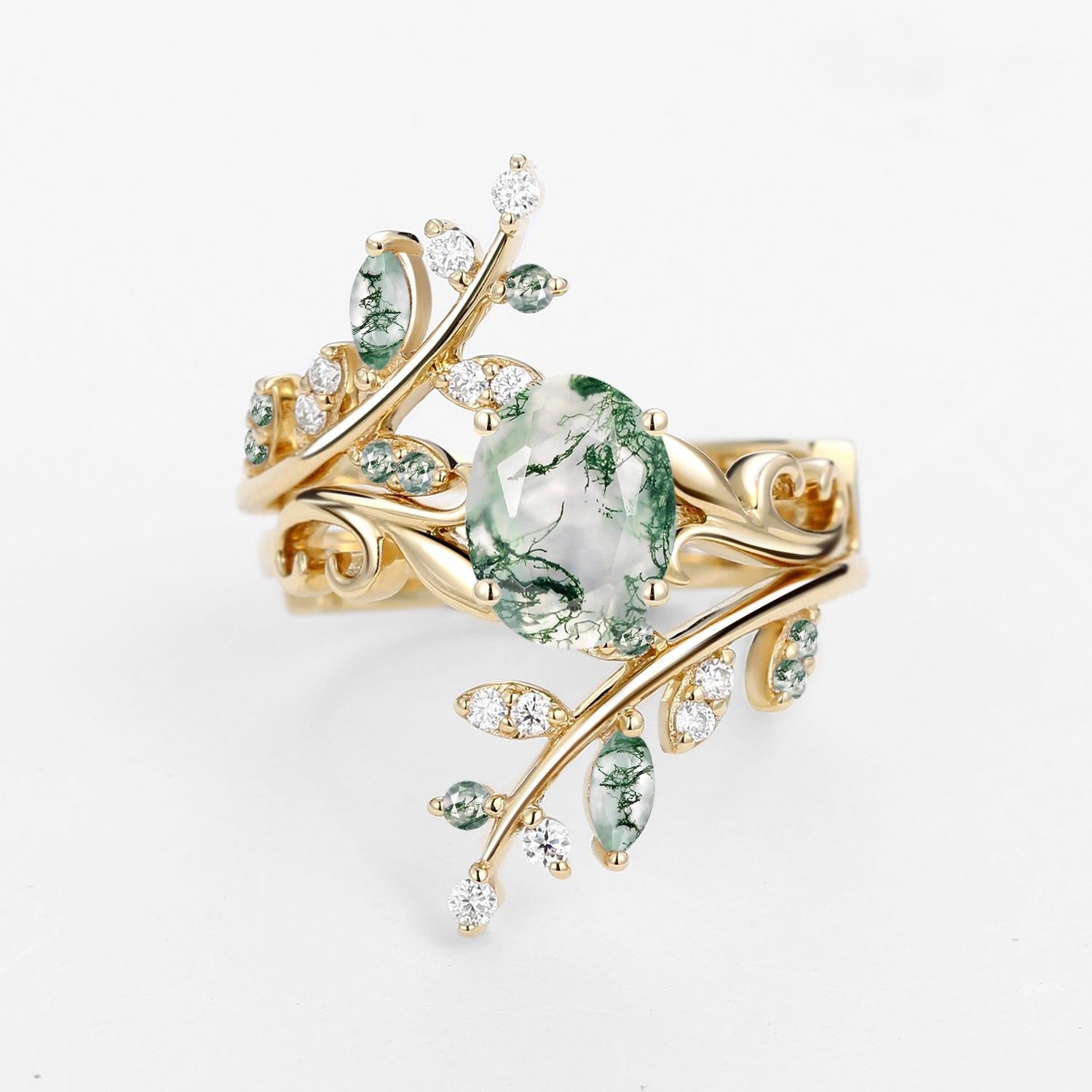 Talasi Oval Shaped Moss Agate Engagement Ring Sets 2PCS.