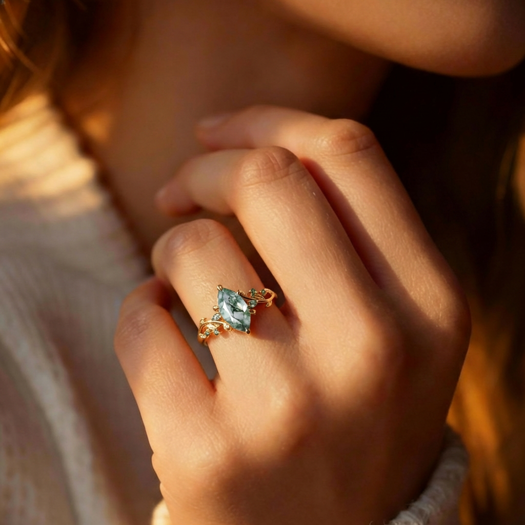 Celandine’s Twine | Marquise Moss Agate Leafy Twist Engagement Ring.