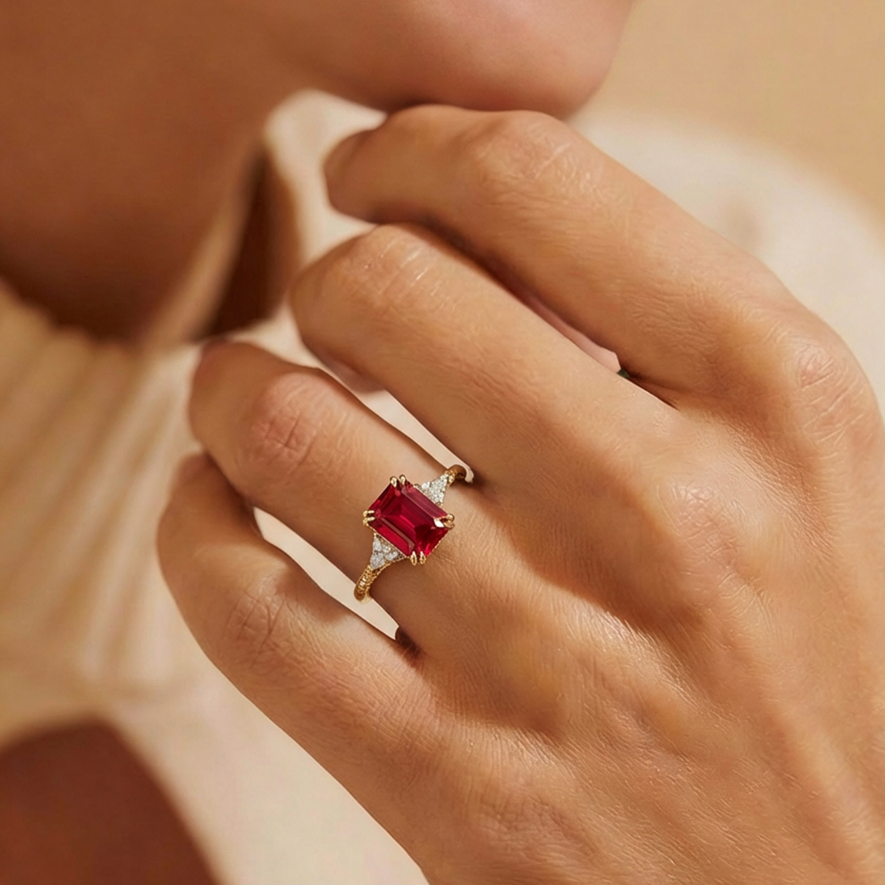 Liora Emerald Cut Burgundy Gemstone Ring.