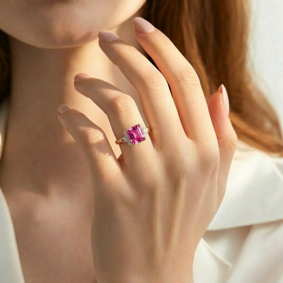 Seren’s Lattice | Asscher Cut Pink Blush Crystal Ring.