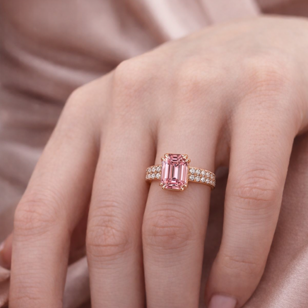 Lyra‘s Canvas | 3CT Emerald Cut Pink Gemstone Ring.