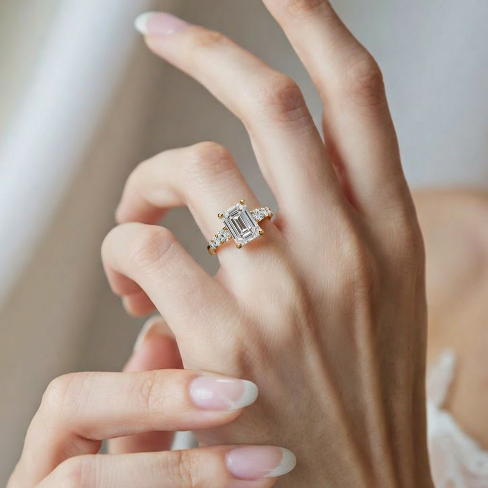 Elara’s Prism | 3CT Emerald Cut Moissanite Ring.