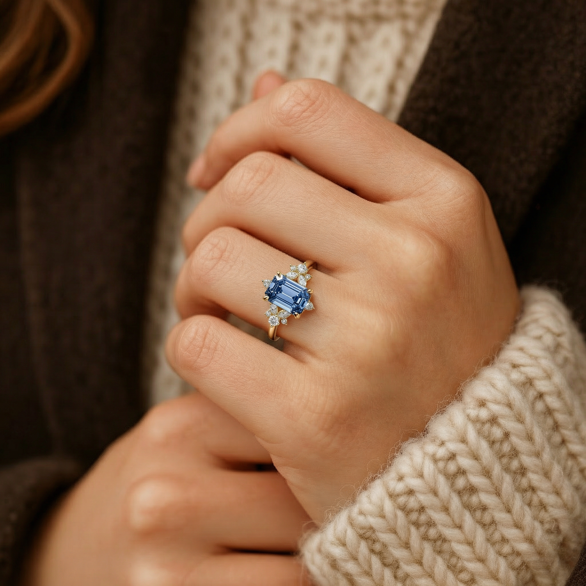 The Rosetta Emerald Cut Oval Vintage Blue Gemstone Ring.