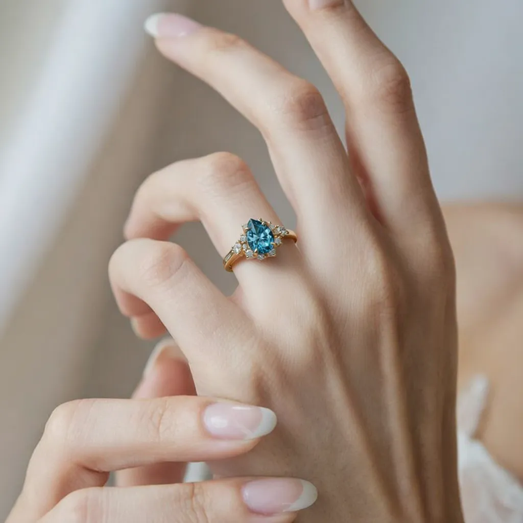 Cora‘s Lagoon | Pear Cut Blue Sapphire Halo Ring.