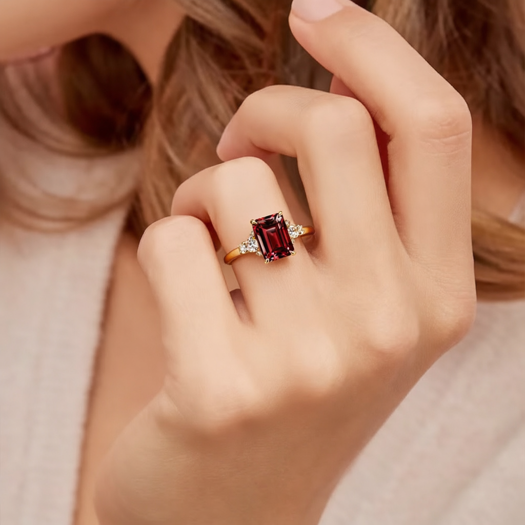 Scarlett‘s Velvet | 2CT Emerald Cut Burgundy Gemstone Ring.
