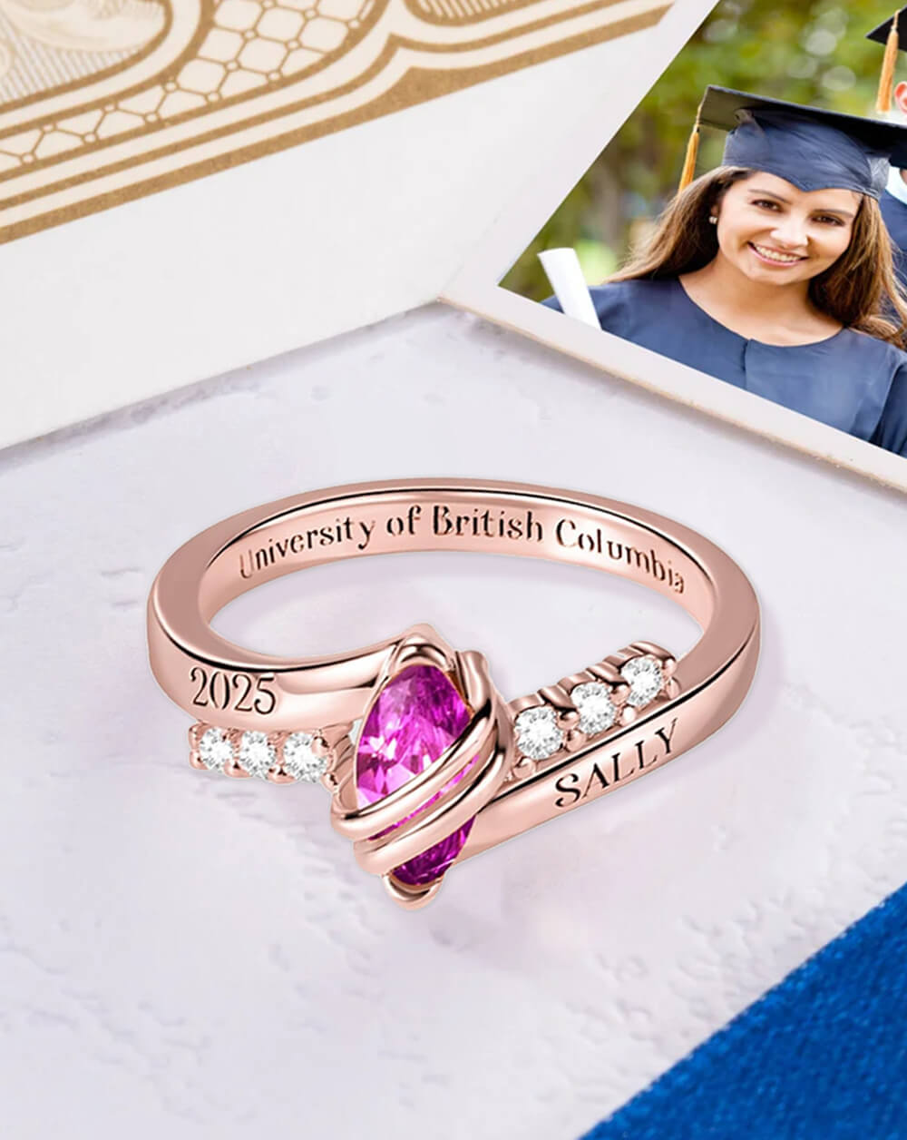 Custom Graduation Ring with Birthstone & Name – Personalized Class Ring for Her