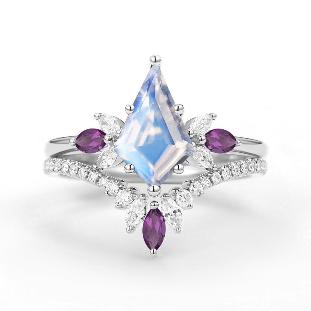 Butterfly Fairy - Unique Kite Cut Moss Agate & Amethyst Engagement Ring Set 2pcs.