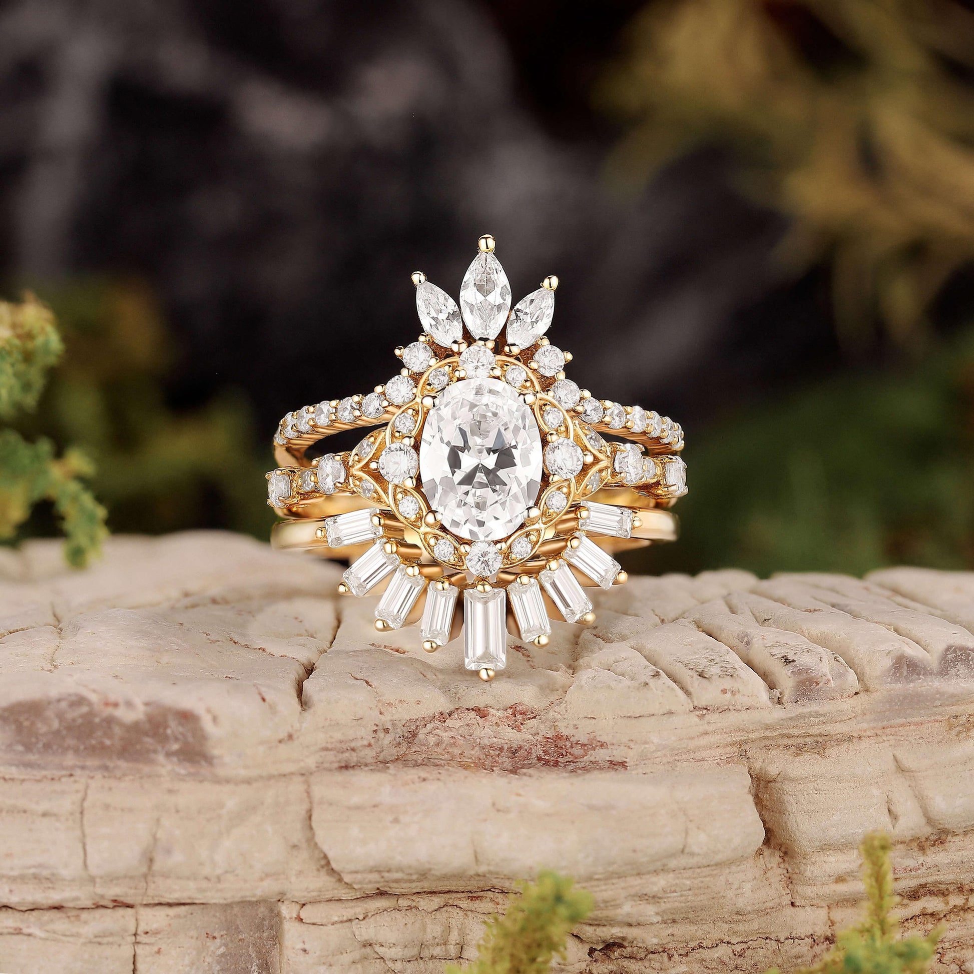 Victoria’s Coronet | Oval Cut Moissanite Sunflower Ring Set 3pcs.