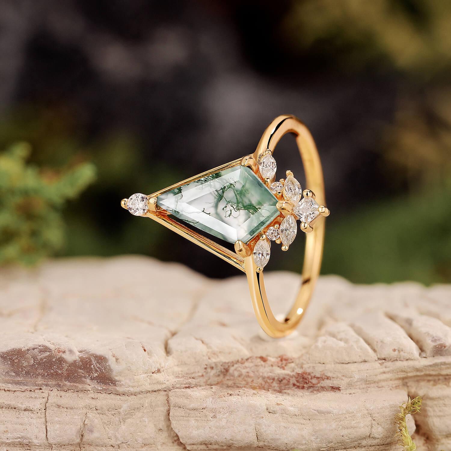 Unique Kite Cut Moss Agate Engagement Ring.