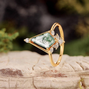 Unique Kite Cut Moss Agate Engagement Ring.