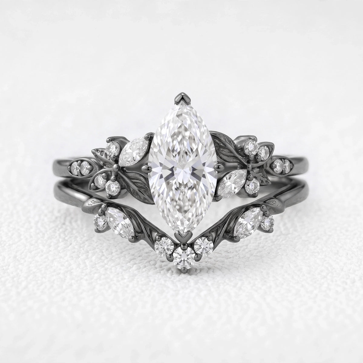 Seraphina‘s Aureole | 1CT Marquise Diamond Chevron & Moss Agate Inlay Band Couple Set Trio