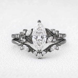 Seraphina‘s Aureole | 1CT Marquise Diamond Chevron & Moss Agate Inlay Band Couple Set Trio