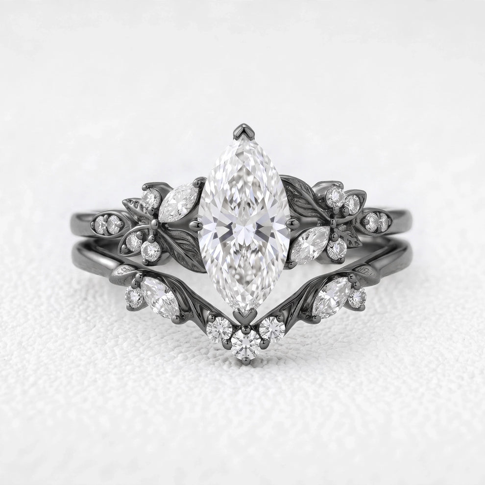Seraphina‘s Aureole | 1CT Marquise Diamond Chevron & Moss Agate Inlay Band Couple Set Trio