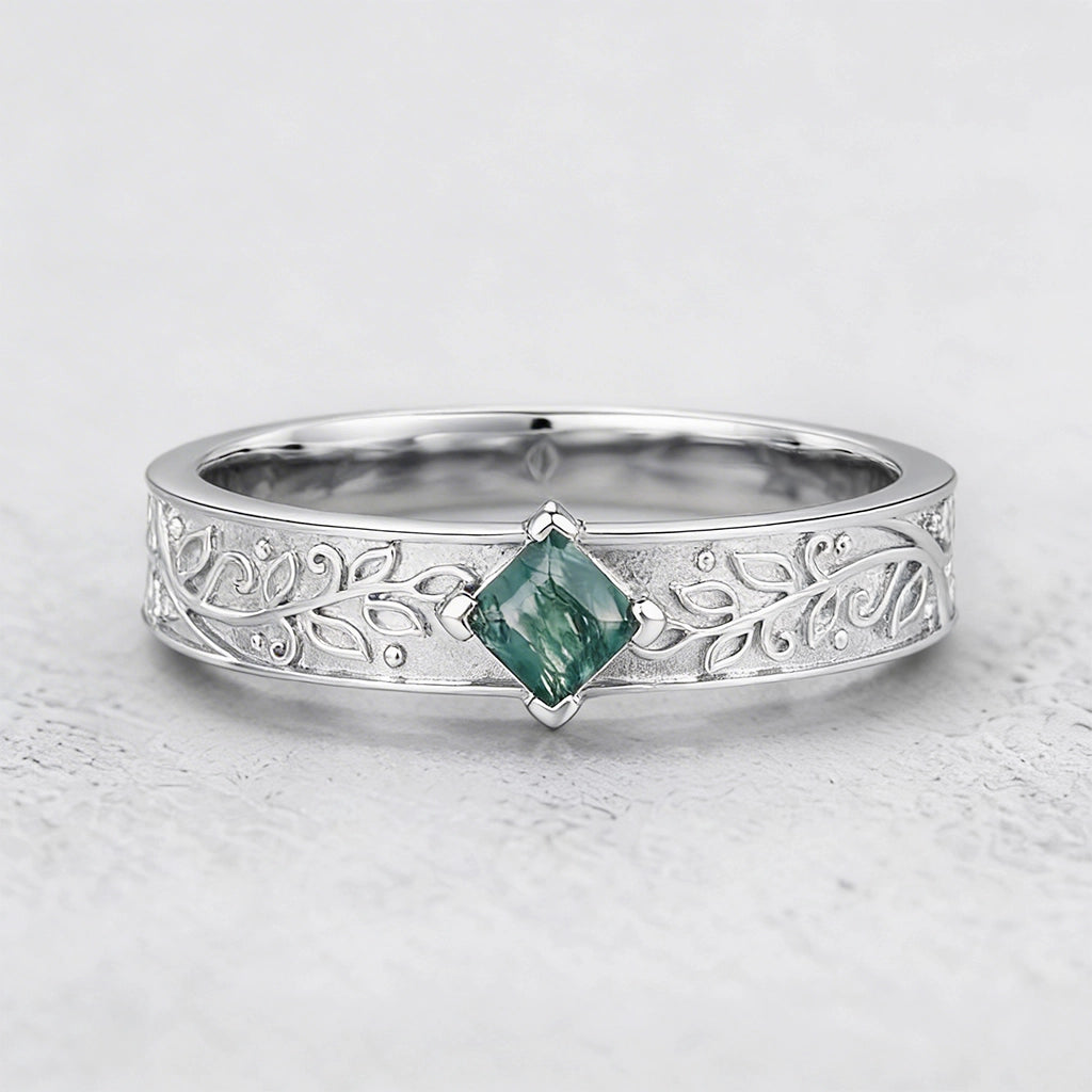 Oak Grain | Square Moss Agate Men's Band.