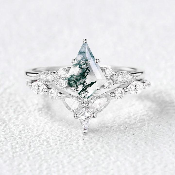 Moss Agate White Gold Engagement Ring Set 2pcs