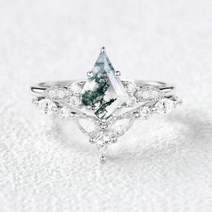 Moss Agate White Gold Engagement Ring Set 2pcs